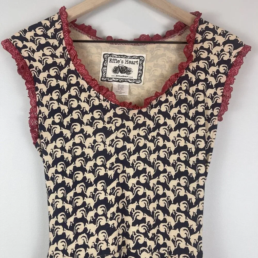 Effie's Heart Navy and Cream Floral Midi Dress with Red Trim - Picture 2 of 15